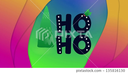 Image of orange and pink shapes over hoho text with christmas tree on blue and green background 135816130