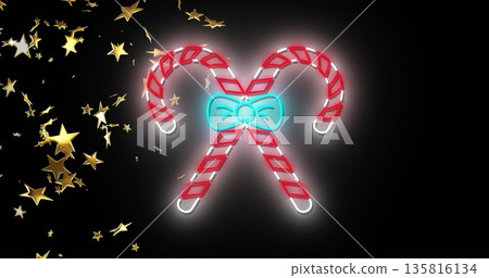 Image of stars and neon candy canes on black background Image of stars and neon candy canes on black background 135816134