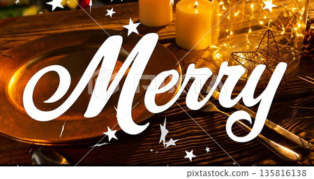 Image of merry text over stars and christmas decorations Image of merry text over stars and christmas decorations 135816138