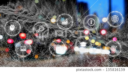 Image of white spots and media icons over cityscape Image of white spots and media icons over cityscape 135816139