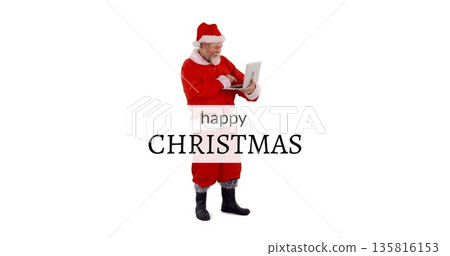 Santa Claus using laptop, spreading holiday cheer with Happy Christmas message Santa Claus using laptop, spreading holiday cheer with Happy Christmas message 135816153