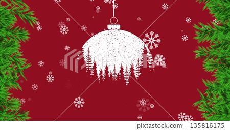 Image of snow falling over red christmas bauble and fir tree decoration Image of snow falling over red christmas bauble and fir tree decoration 135816175