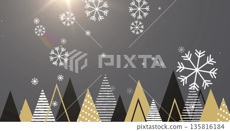 Image of snow falling over christmas trees decoration on grey background Image of snow falling over christmas trees decoration on grey background 135816184