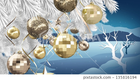 Image of snow falling over christmas decoration with baubles 135816194