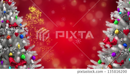 Image of snow falling over christmas trees and decorations 135816200