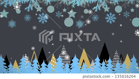 Image of snow falling over christmas trees and decorations Image of snow falling over christmas trees and decorations 135816204