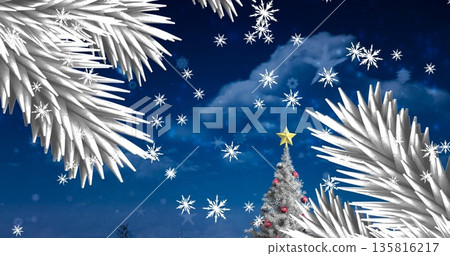 White christmas tree branches and snowflakes falling over christmas tree on winter landscape White christmas tree branches and snowflakes falling over christmas tree on winter landscape 135816217
