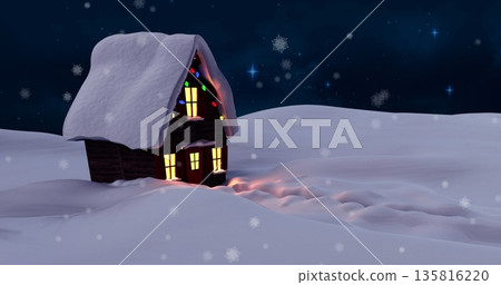 Image of snow falling over house with christmas fairy lights and winter landscape Image of snow falling over house with christmas fairy lights and winter landscape 135816220