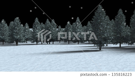 Snow falling over multiple trees on winter landscape against black background Snow falling over multiple trees on winter landscape against black background 135816223