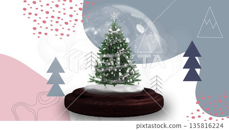 Image of snow globe with christmas tree over fir trees 135816224