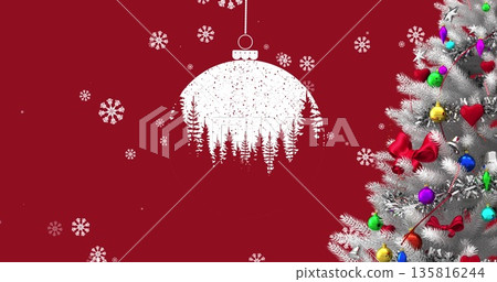 Hanging bauble decoration and snow falling over christmas tree against red background Hanging bauble decoration and snow falling over christmas tree against red background 135816244