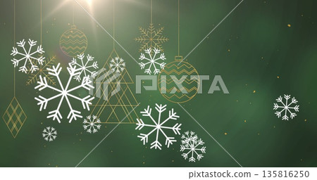 Image of snowflakes falling over christmas decorations Image of snowflakes falling over christmas decorations 135816250
