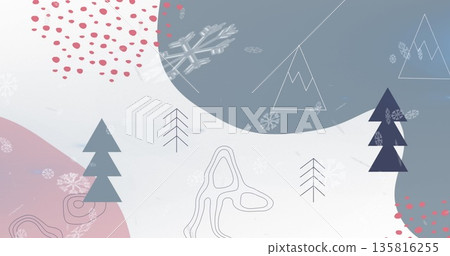 Image of snow falling over christmas trees and mountains on pastel background 135816255