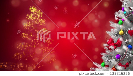 Image of snow falling over christmas decorations on red background 135816256
