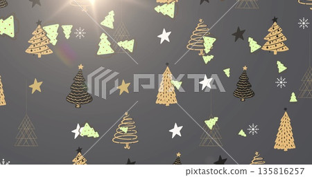 Multiple christmas tree icons falling against christmas tree icons and light spot on grey background Multiple christmas tree icons falling against christmas tree icons and light spot on grey background 135816257