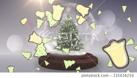 Multiple christmas tree icons falling against shooting star around a christmas tree in a snow globe Multiple christmas tree icons falling against shooting star around a christmas tree in a snow globe 135816258