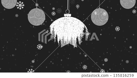 Snowflakes falling over christmas bauble decoration hanging against black background Snowflakes falling over christmas bauble decoration hanging against black background 135816259