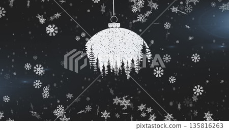 Snowflakes falling over christmas bauble decoration hanging against black background Snowflakes falling over christmas bauble decoration hanging against black background 135816263