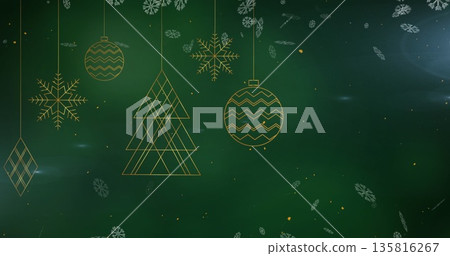 Image of snow falling over christmas decorations Image of snow falling over christmas decorations 135816267