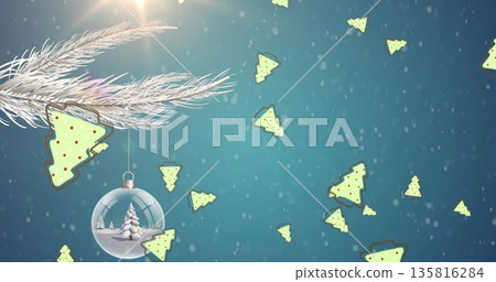 Christmas tree icons falling against christmas decorations hanging on tree branch on blue background Christmas tree icons falling against christmas decorations hanging on tree branch on blue background 135816284