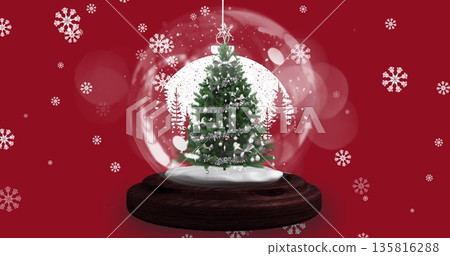 Snowflakes falling over shooting star around christmas tree in a snow globe on red background Snowflakes falling over shooting star around christmas tree in a snow globe on red background 135816288