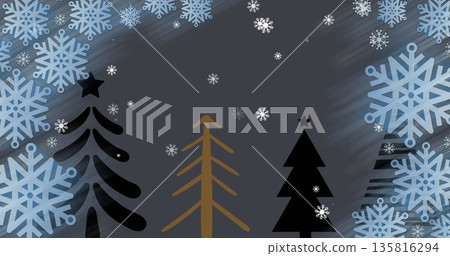 Image of snow falling over christmas trees 135816294