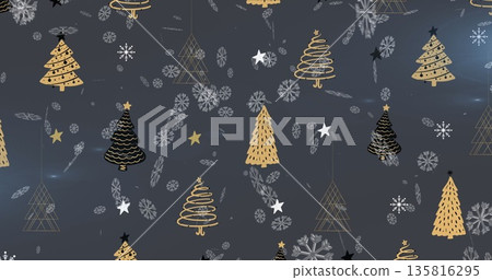 Image of snow falling over christmas trees 135816295