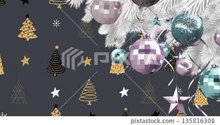 Bauble decoration hanging on christmas tree branch against christmas tree icons on grey background Bauble decoration hanging on christmas tree branch against christmas tree icons on grey background 135816308