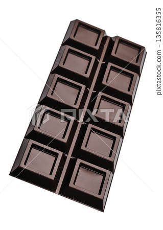 Dark chocolate bar isolated on white background, diagonal view Dark chocolate bar isolated on white background, diagonal view 135816355