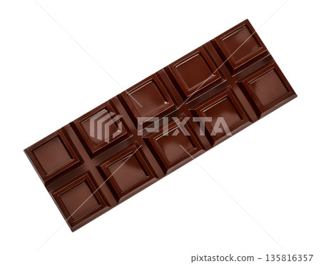 Dark chocolate bar isolated on white background, diagonal view 135816357
