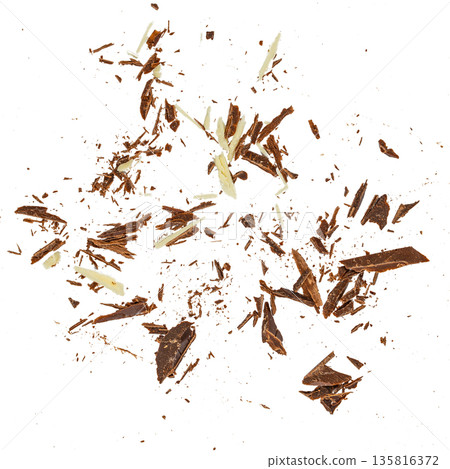 Chocolate shavings and crumbs isolated on white background 135816372