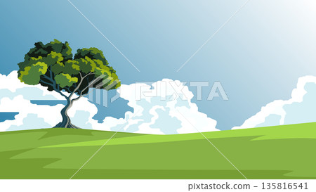Vector or Illustrator of Landscape hill covered in lush green grass with a heart-shaped tree standing majestically on the hillside. Under blue sky and white clouds. Vector or Illustrator of Landscape hill covered in lush green grass with a heart-shaped tree standing majestically on the hillside. Under blue sky and white clouds. 135816541