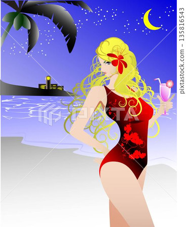 Woman with cocktail on the beach at night 135816543