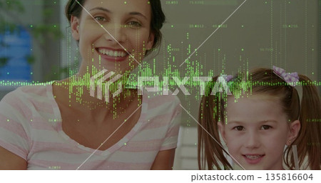 Smiling mother and daughter sitting in home dining area with green waveform overlay Smiling mother and daughter sitting in home dining area with green waveform overlay 135816604