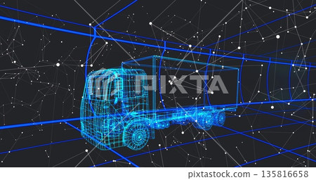 Displaying wireframe semi-truck model floating digital design space, with network nodes, grid lines Displaying wireframe semi-truck model floating digital design space, with network nodes, grid lines 135816658
