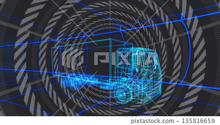 Highlighting wireframe truck model moving through data tunnel with grid floor and circular patterns 135816659