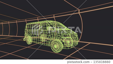 Rotating neon green wireframe van model inside virtual grid-lined tunnel, orange lines extending Rotating neon green wireframe van model inside virtual grid-lined tunnel, orange lines extending 135816660