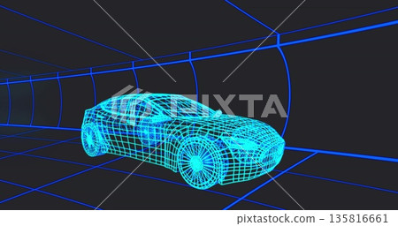 Displaying 3D wireframe car model occupying center in virtual tunnel of glowing grid lines Displaying 3D wireframe car model occupying center in virtual tunnel of glowing grid lines 135816661