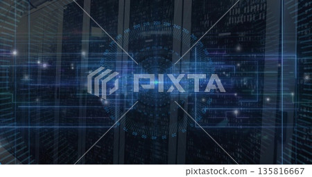 Displaying holographic interface projecting binary code in data center, with server racks 135816667