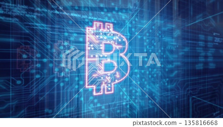 Floating neon Bitcoin symbol glowing within virtual grid of circuit lines, with faded replicas 135816668