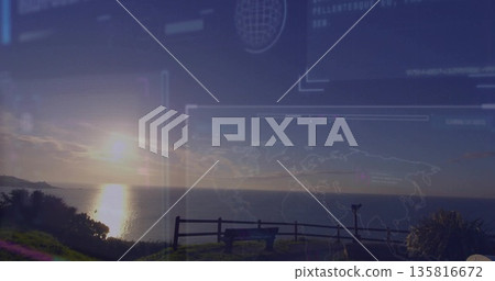 Featuring wooden bench facing ocean at sunset on grassy slope, with fence and coin-operated viewer Featuring wooden bench facing ocean at sunset on grassy slope, with fence and coin-operated viewer 135816672