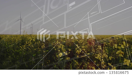 Stretching yellow crops across foreground to horizon at farmland, with wind turbines and UI overlay 135816675