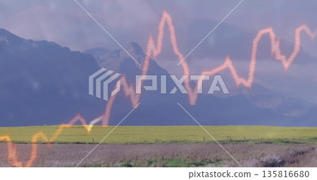 Overlaying orange line graph across grassy plain, yellow crop field and mountain range on farmland Overlaying orange line graph across grassy plain, yellow crop field and mountain range on farmland 135816680