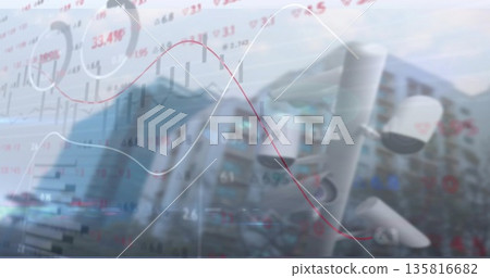 Watching three security cameras on pole scanning apartment facade amid trading graphics, copy space 135816682