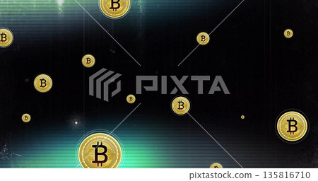 Floating gold Bitcoin coin icon glowing in abstract digital space, with stylized circuit pattern Floating gold Bitcoin coin icon glowing in abstract digital space, with stylized circuit pattern 135816710