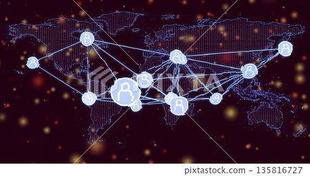 Connecting avatar icon across dotted digital map with neon blue lines and amber bokeh, copy space Connecting avatar icon across dotted digital map with neon blue lines and amber bokeh, copy space 135816727
