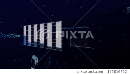 Displaying floating 3D bar chart in dark interface, with grid-style line graph and data streams 135816732