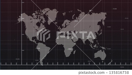 Displaying world map silhouette over grid screen, with axis lines, tick marks and coordinate labels Displaying world map silhouette over grid screen, with axis lines, tick marks and coordinate labels 135816738