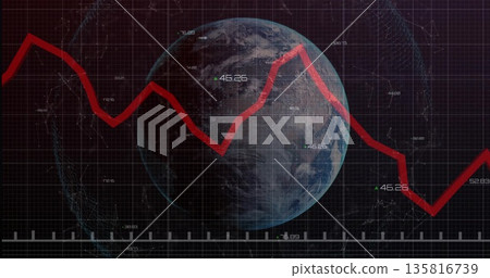Displaying semi-transparent Planet Earth against dark grid overlay, showing red line graph trend 135816739