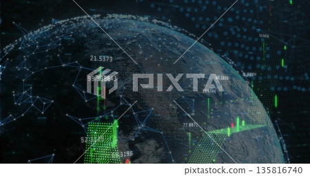 Orbiting Earth globe showing data labels in virtual outer space, with candlesticks and mesh nodes Orbiting Earth globe showing data labels in virtual outer space, with candlesticks and mesh nodes 135816740